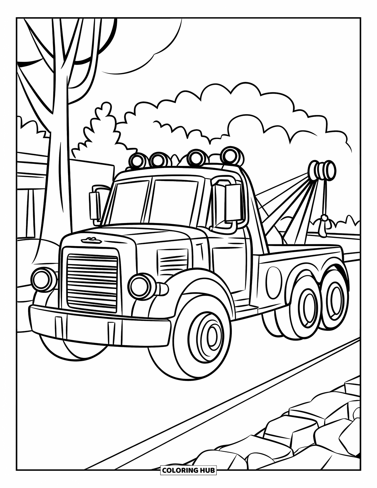 Tow Truck Coloring Page for Kids: A happy little tow truck rests near trees, a road, and a house