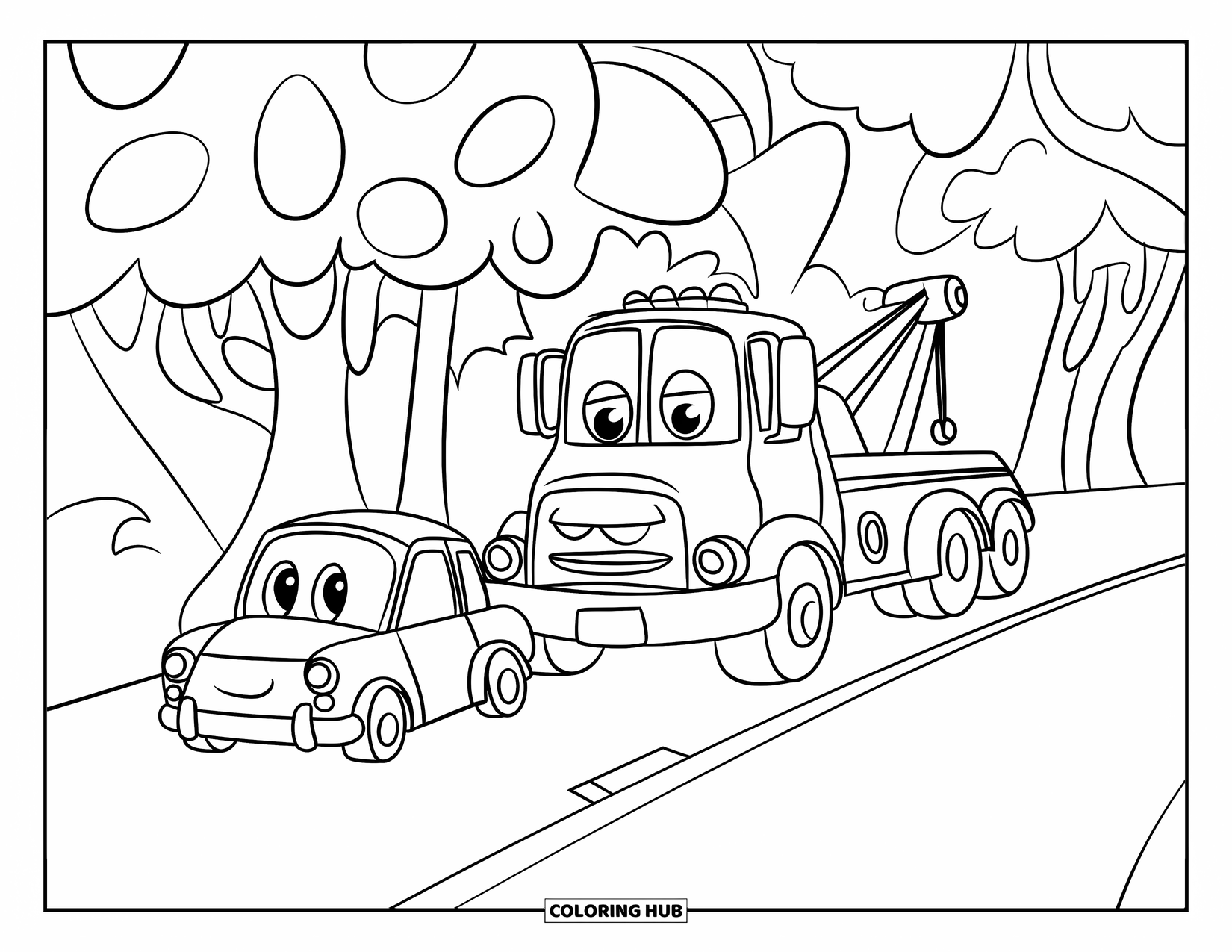 Tow Truck Coloring Page for Kids: A happy tow truck and car rest under round, leafy trees