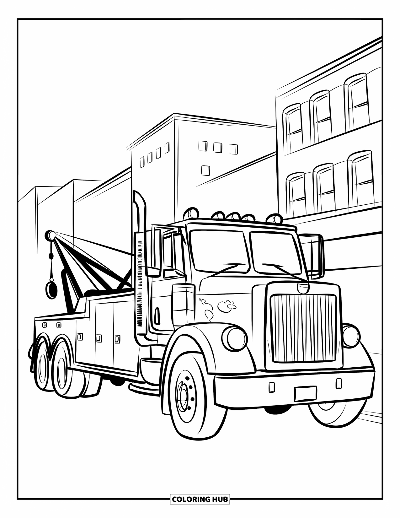 Tow Truck Coloring Page for Kids: A happy tow truck is parked on a busy city street
