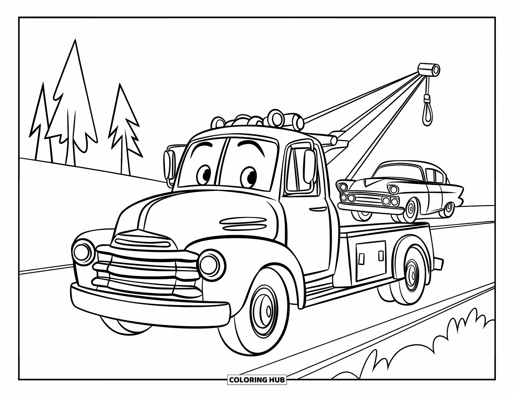 Tow Truck Coloring Page for Kids: A playful tow truck with a helmet lifts a vintage car