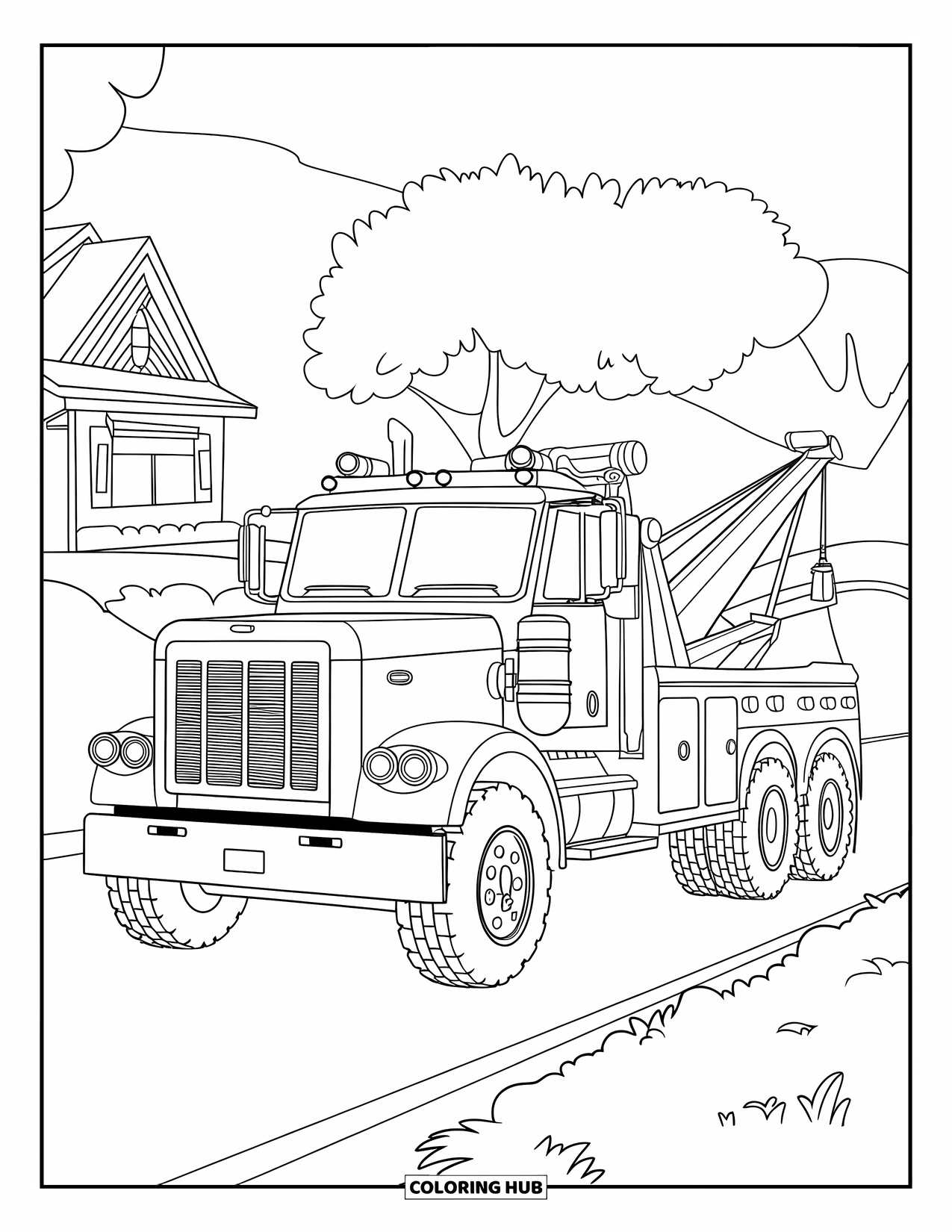 Tow Truck Coloring Page for Kids: A smiling tow truck with big lights sits near a house and bridge