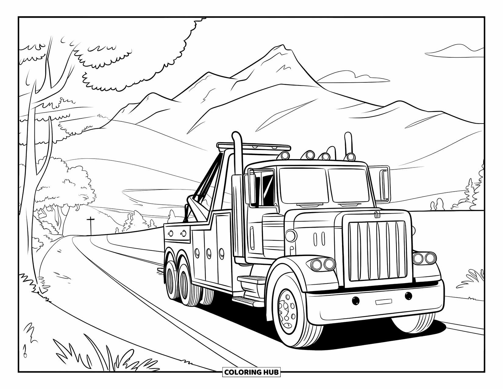 Tow Truck Coloring Page for Kids: Countryside road winds past trees and a towing truck
