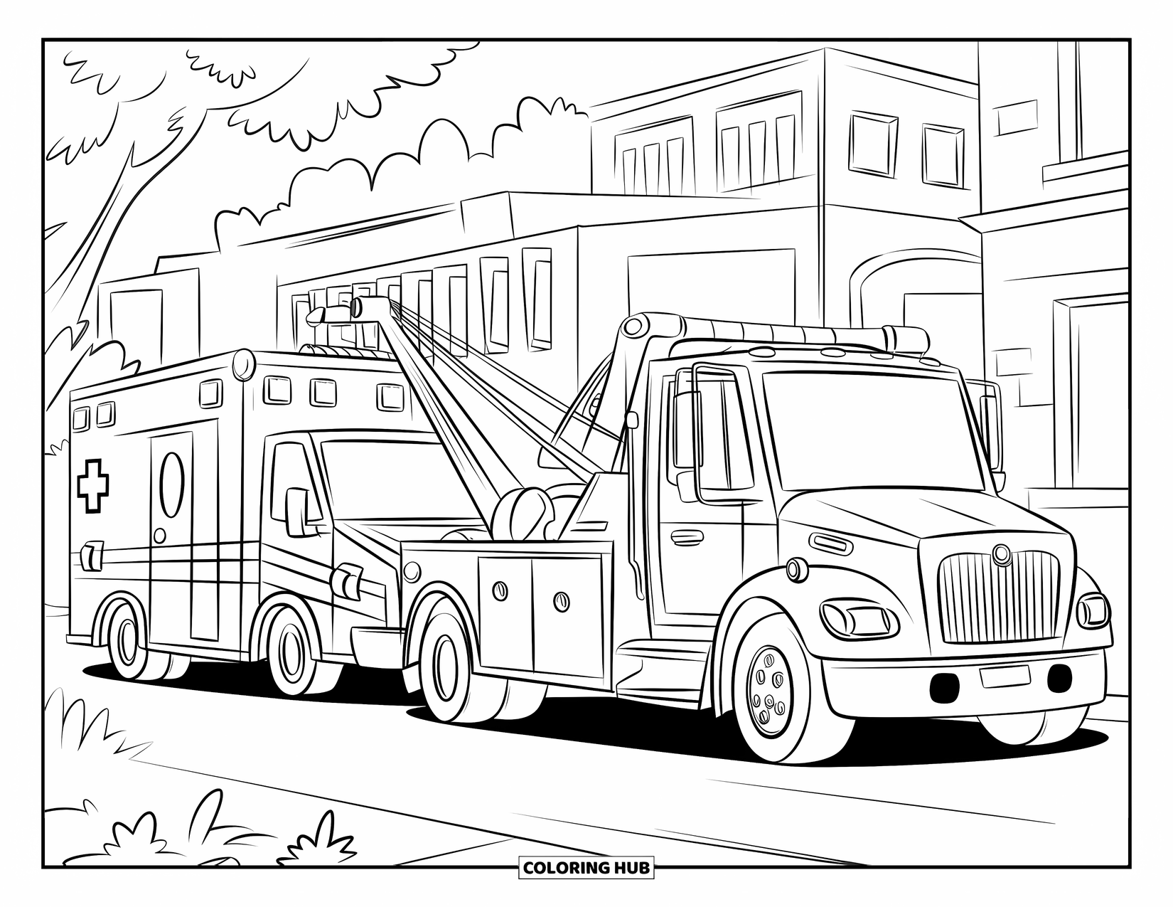 Tow Truck Coloring Page for Kids: Rescue scene with a tow truck, ambulance, and city backdrop