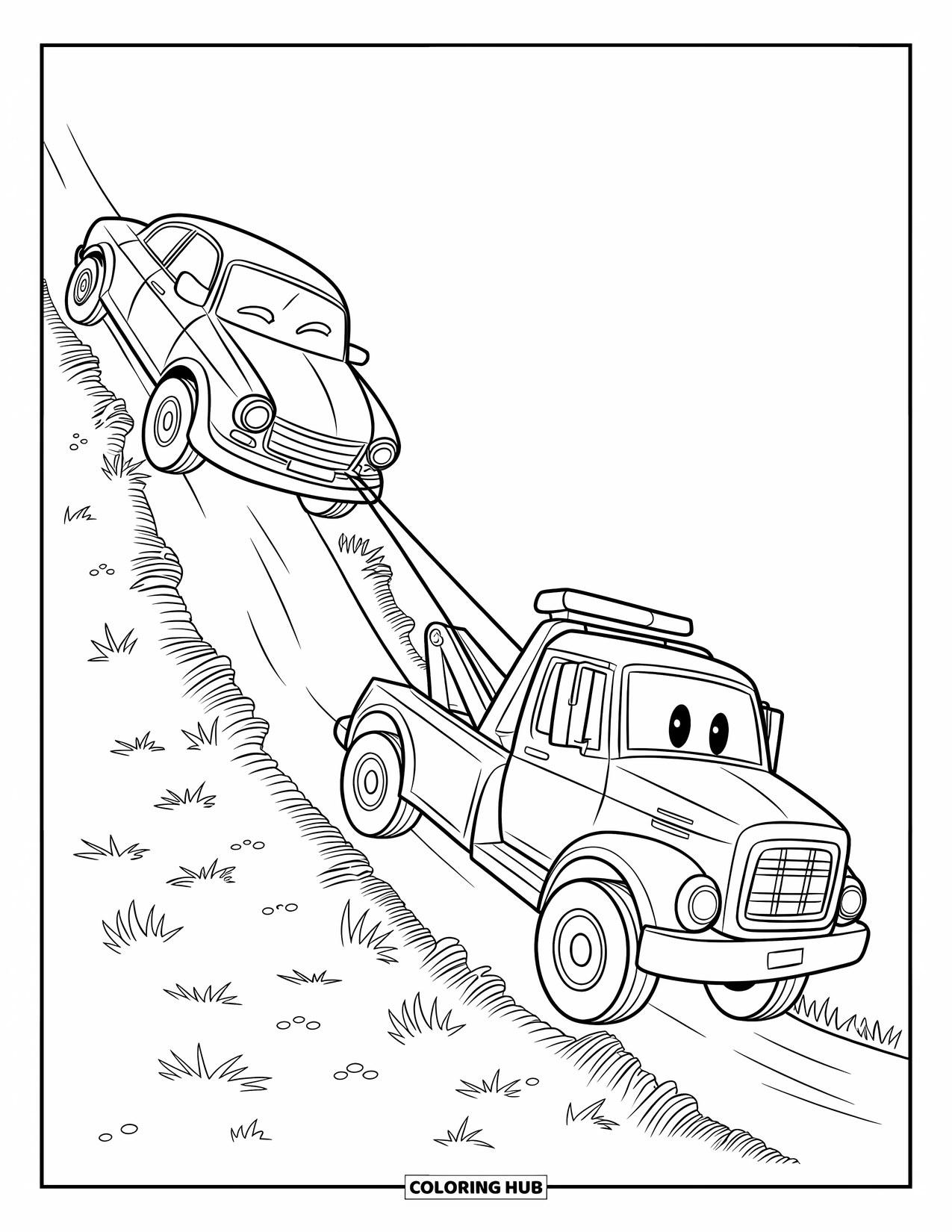 Tow Truck Coloring Page for Kids: Smiley tow truck rescues a car from a dirt slope