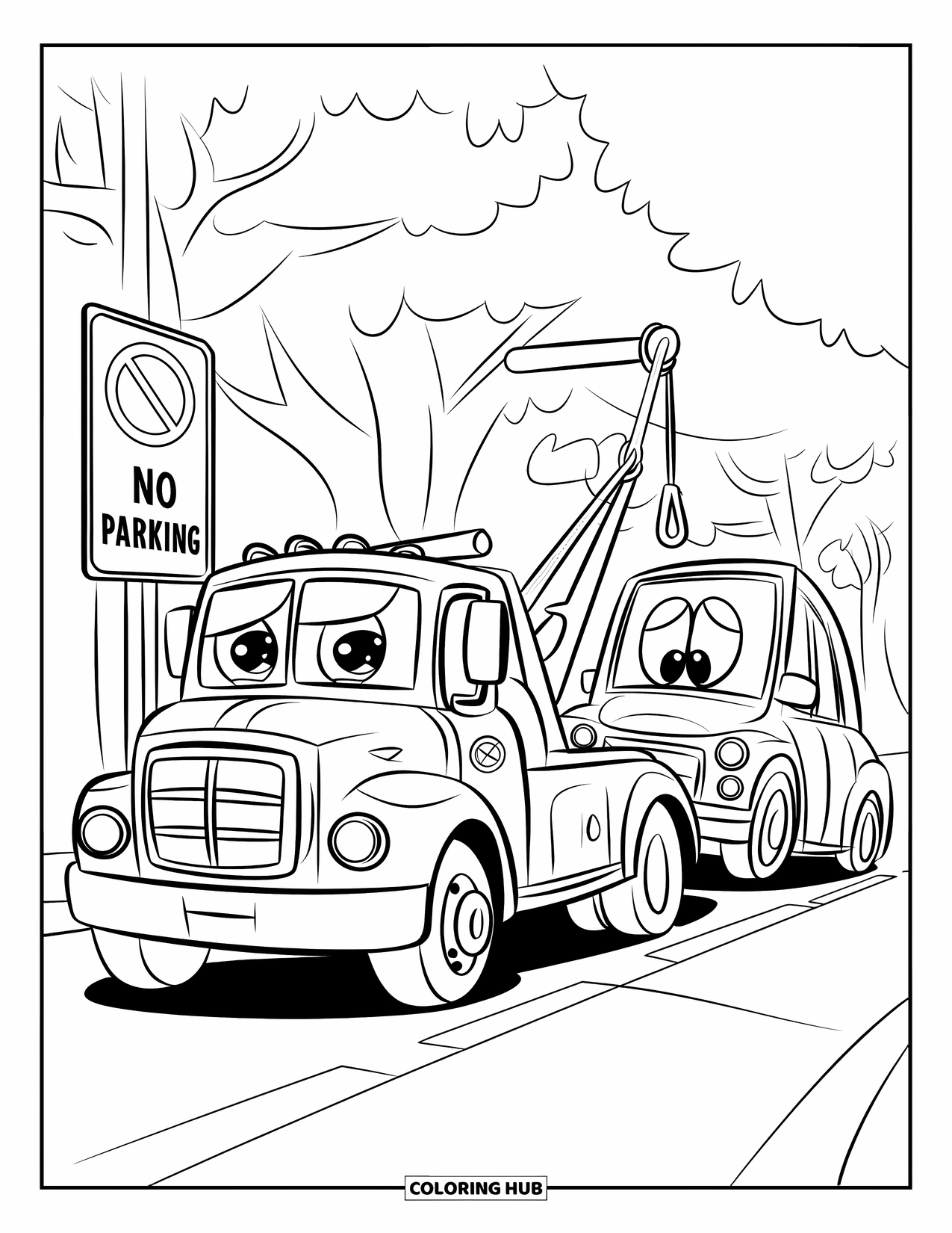 Tow Truck Coloring Page for Kids: Smiling tow truck removes a frowning car from a no-parking zone