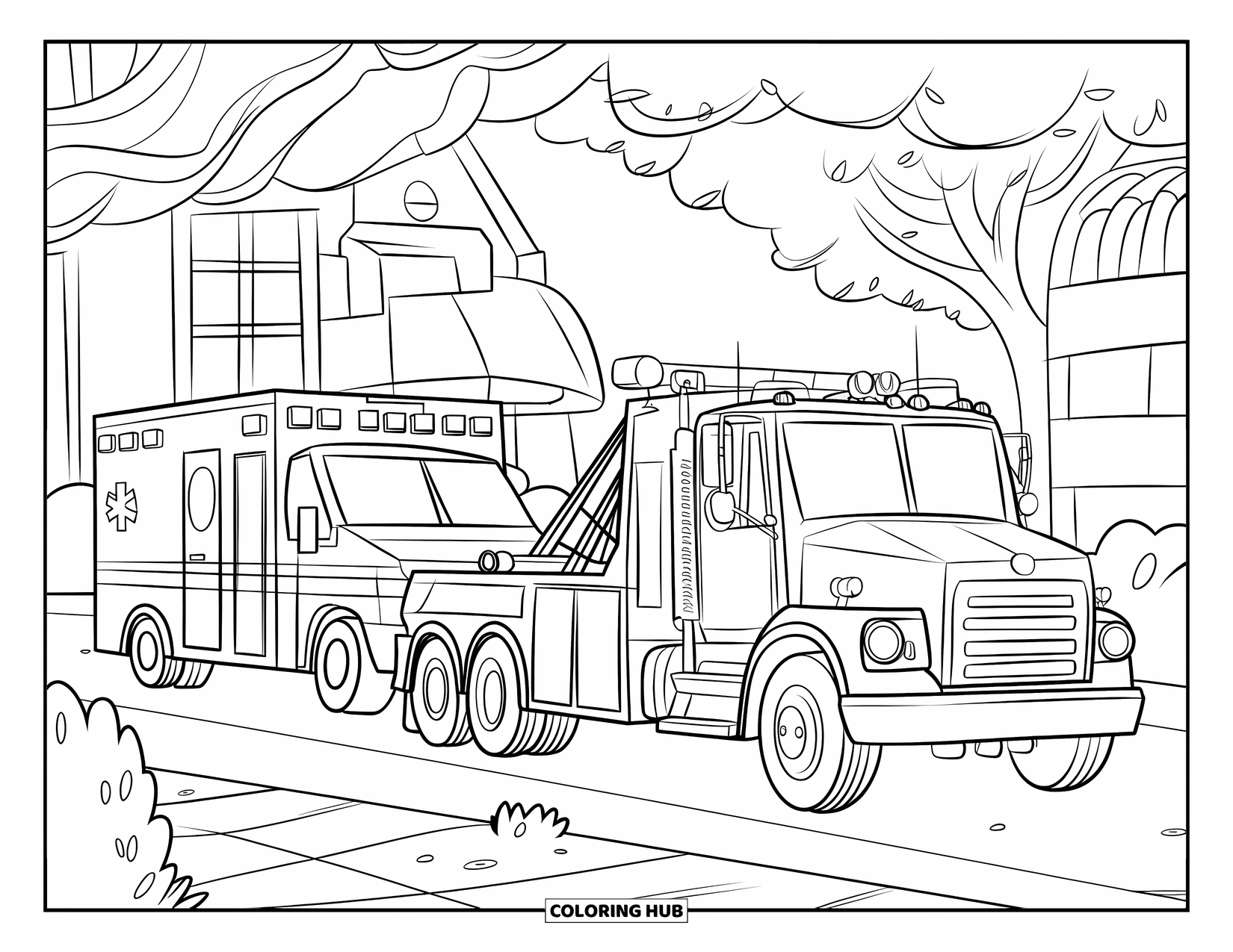 Tow Truck Coloring Page for Kids: Tow truck and ambulance work together during a city rescue