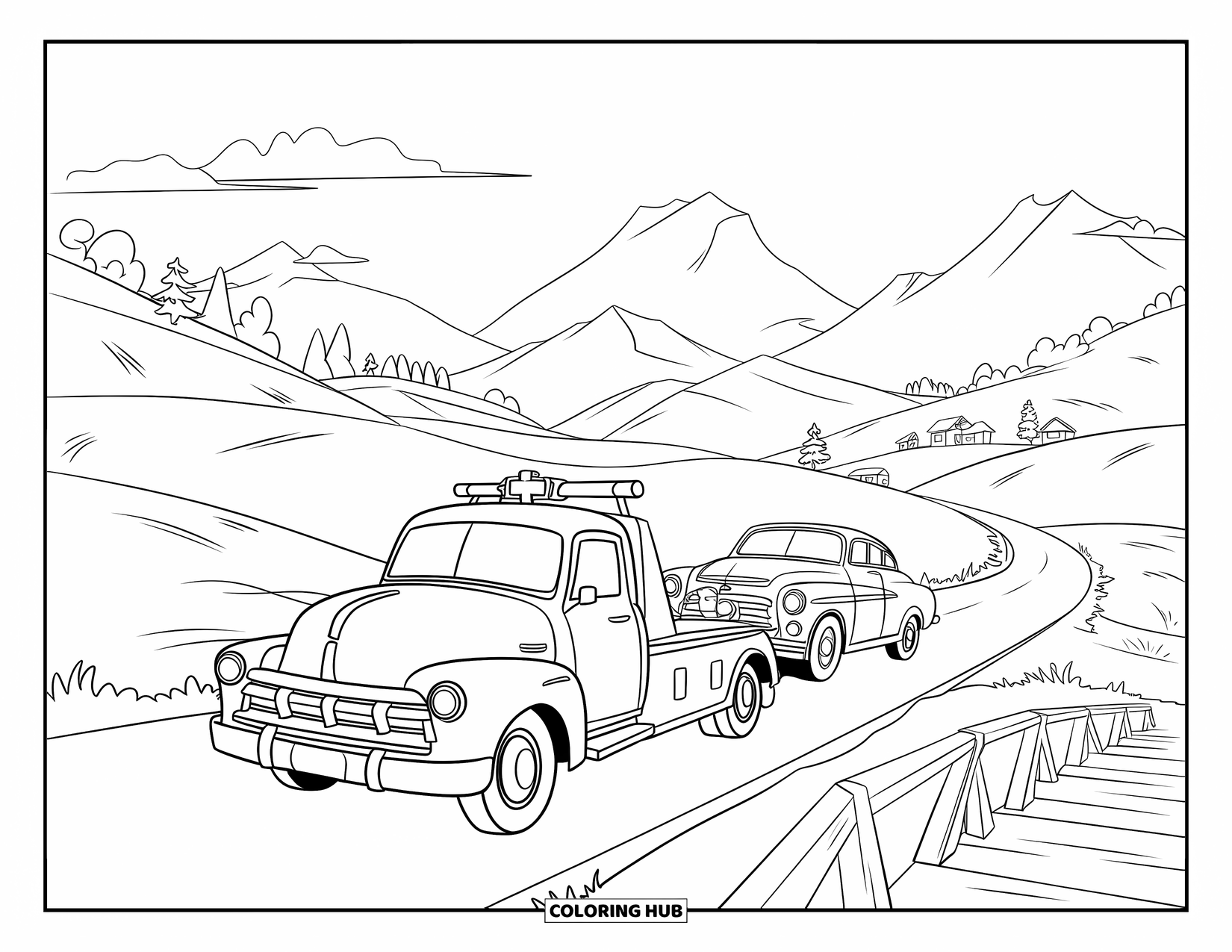 Tow Truck Coloring Page for Kids: Tow truck crosses a valley road with hills and a bridge