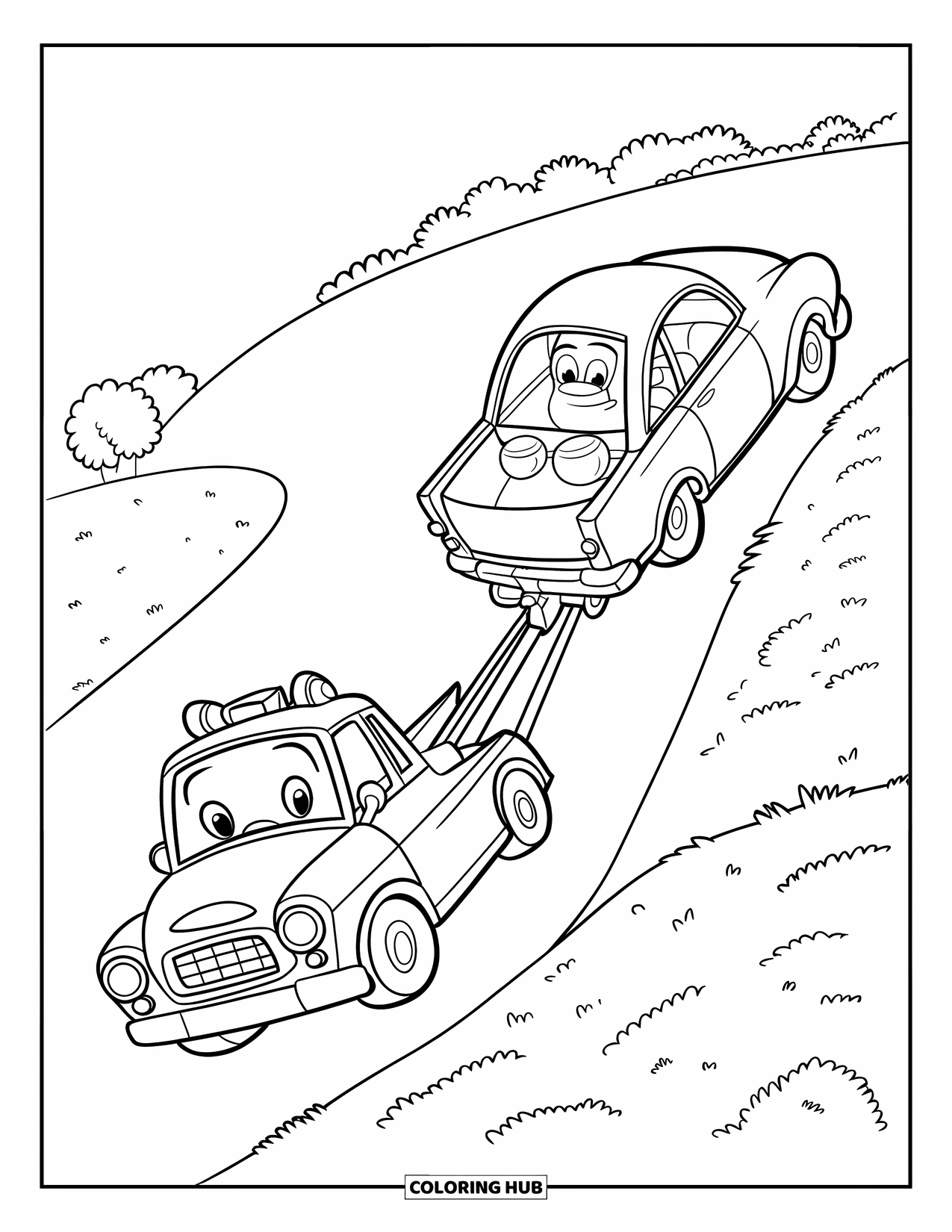 Tow Truck Coloring Page for Kids: Tow truck pulls a car from a steep grassy slope