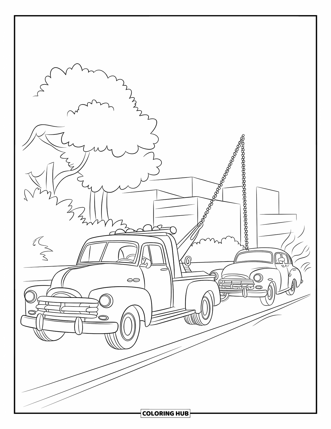 Tow Truck Coloring Page for Kids: Tow truck pulls a smoking vintage car down the road