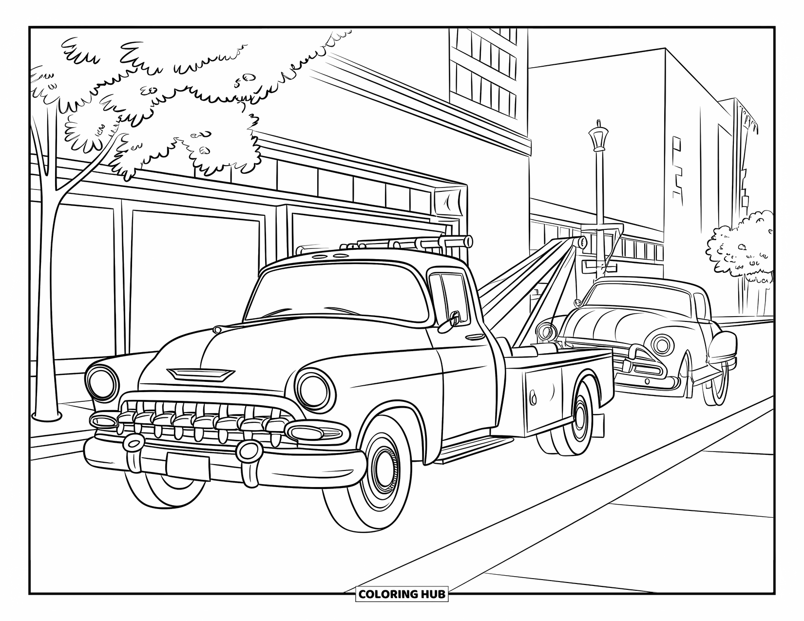 Tow Truck Coloring Page for Kids: Tow truck rolls down the street as pedestrians watch and buildings tower above