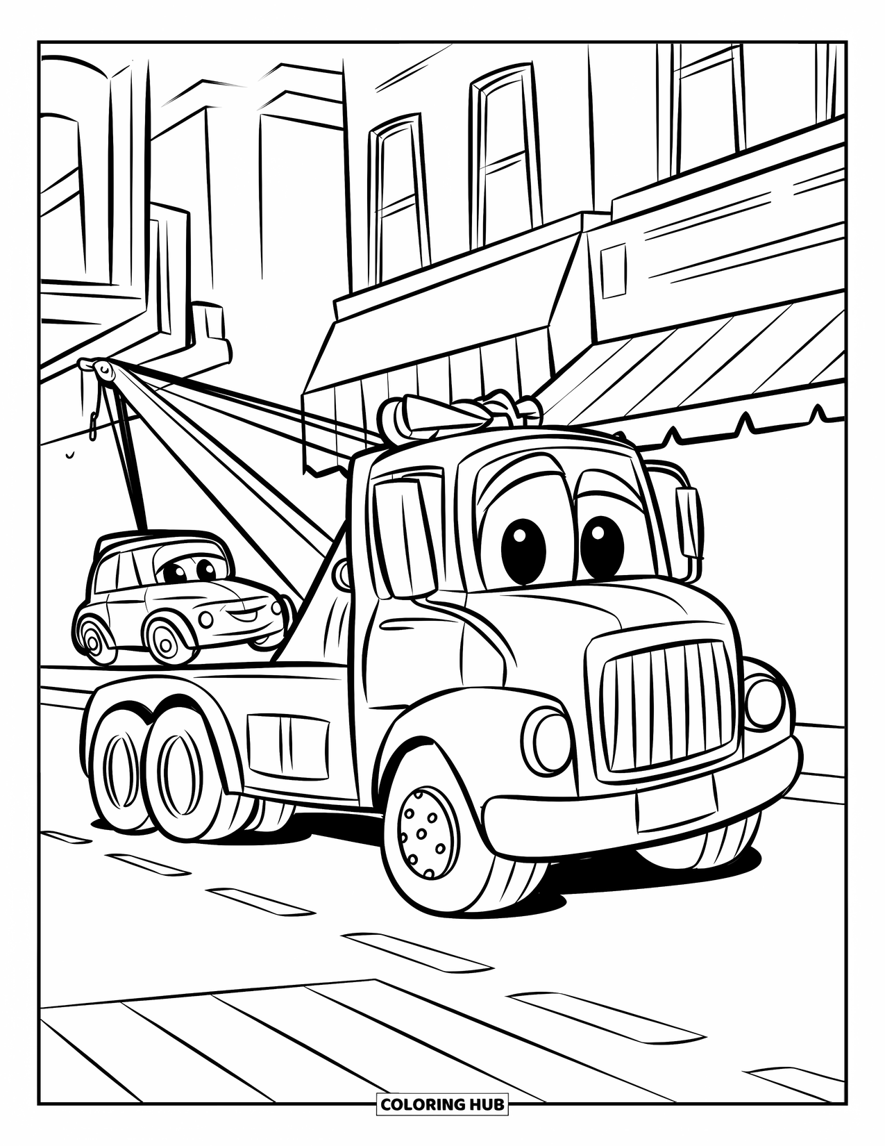 Tow Truck Coloring Page for Kids: Tow truck tows a smiling car from a no-parking zone