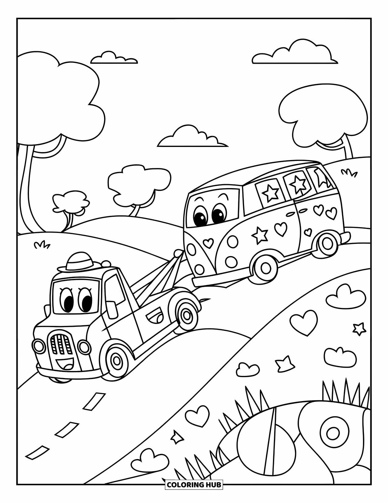 Tow Truck Coloring Page for Kids: Tow truck with a friendly face pulls a decorated van