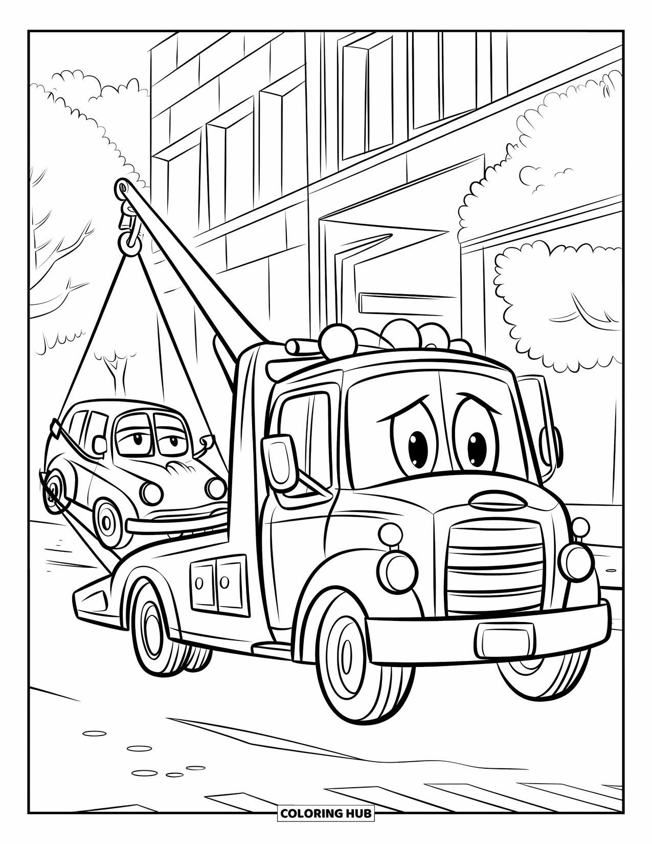 Tow Truck Coloring Page for Kids: Tow truck with a happy face lifts a sad car
