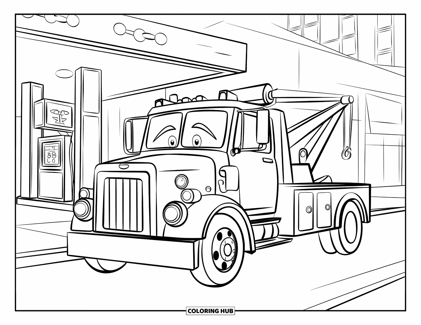 Tow Truck Coloring Page for Kids: Tow truck with a smiling face refuels at a city gas stop