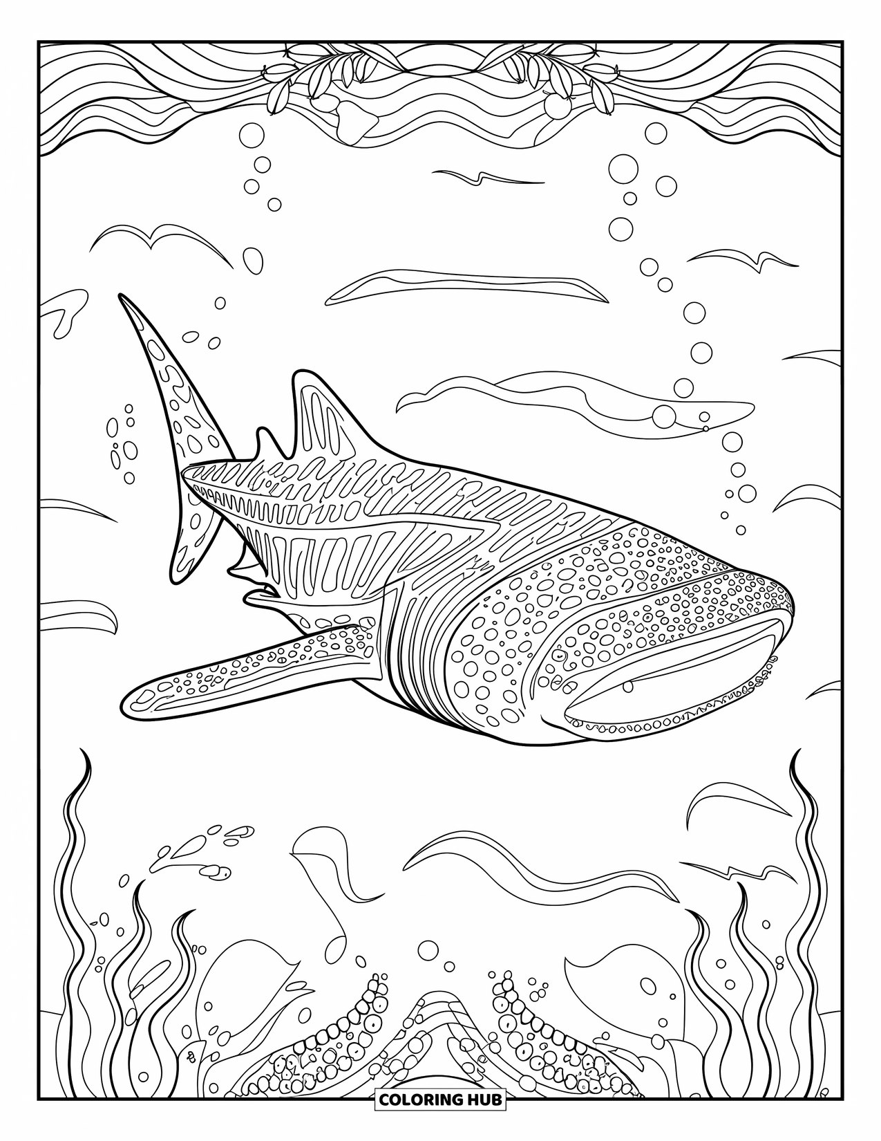 Whale Shark Coloring Page for Adults: Patterned whale shark swims past seaweed, waves, and bubble border