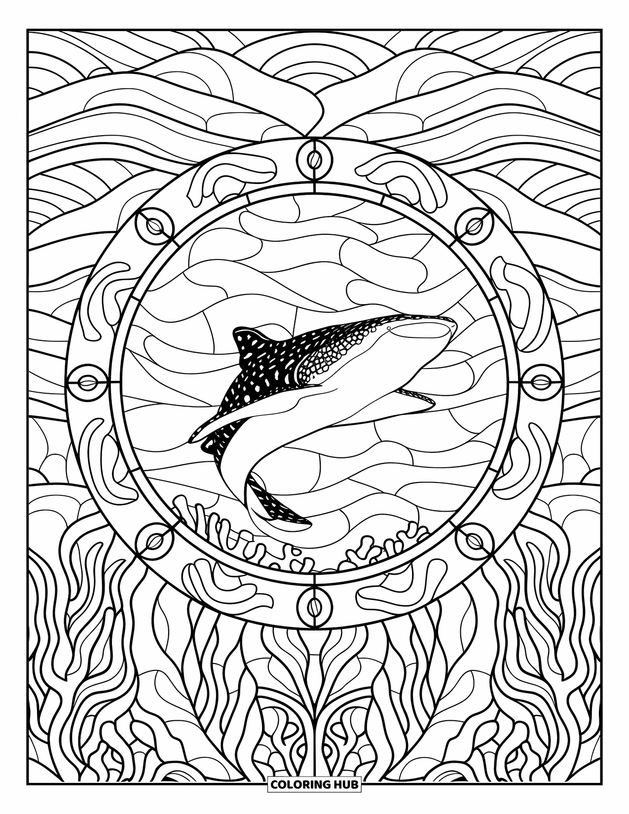 Whale Shark Coloring Page for Adults: Shark framed in stained glass circle with seaweed and wave patterns