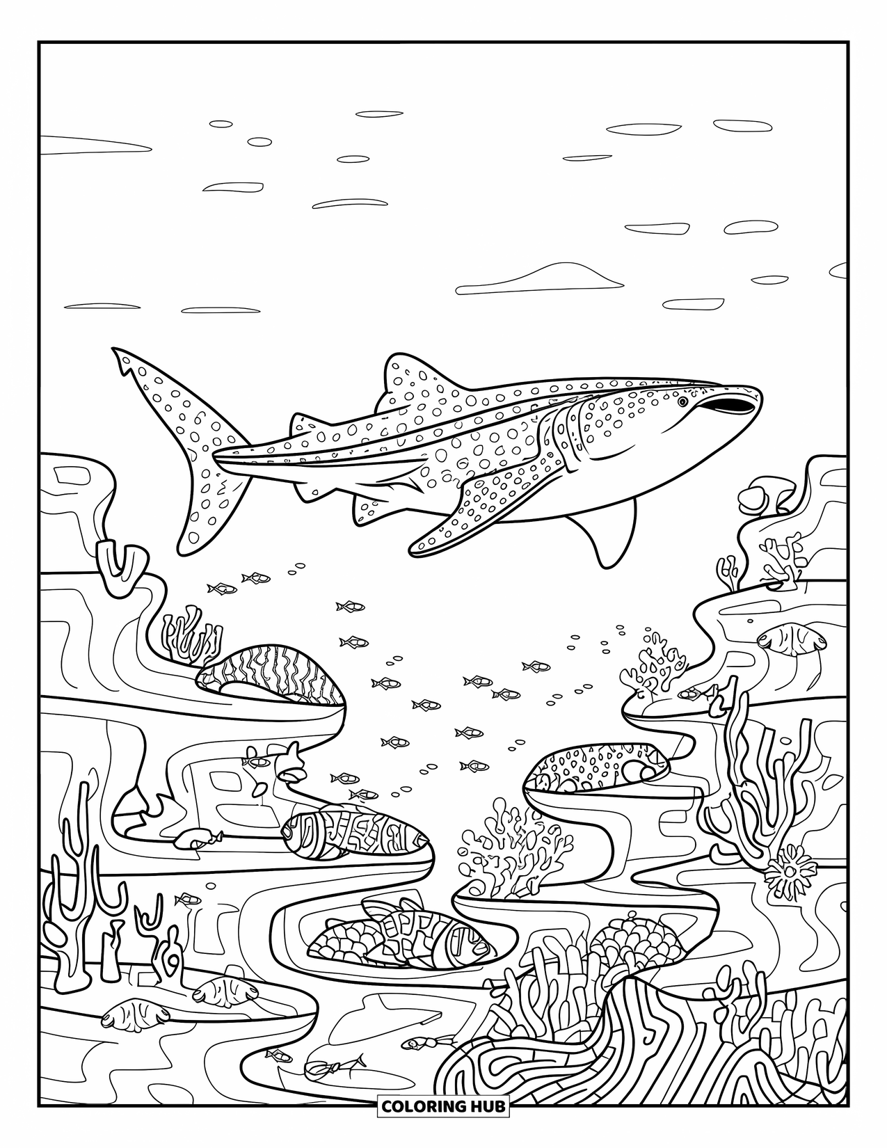 Whale Shark Coloring Page for Adults: Shark glides near reef fish and coral with clouds above