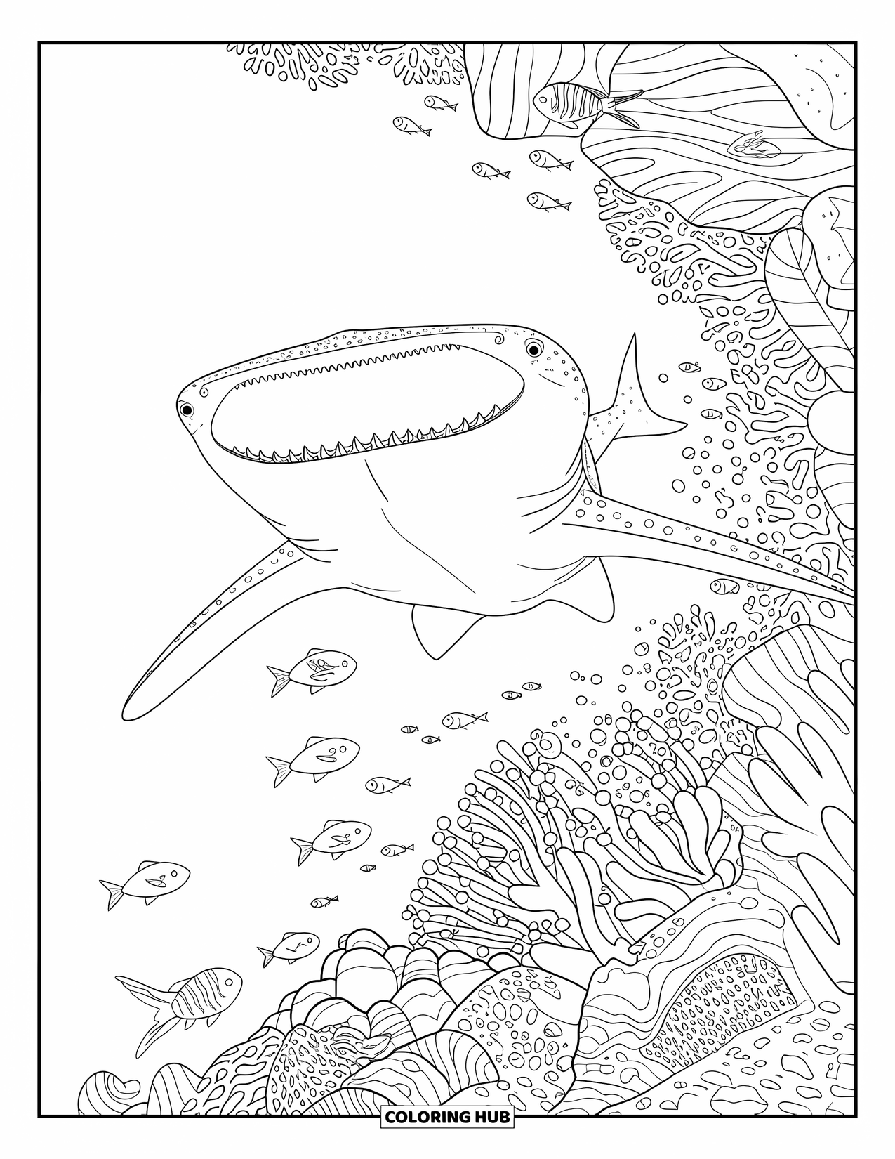 Whale Shark Coloring Page for Adults: Shark swims near vibrant coral, fish, and deep ocean creatures