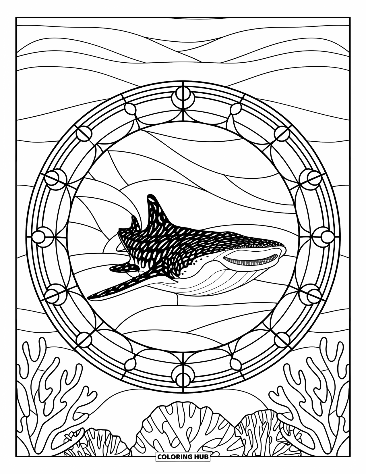 Whale Shark Coloring Page for Adults: Stained glass-style frame shows a whale shark and underwater waves