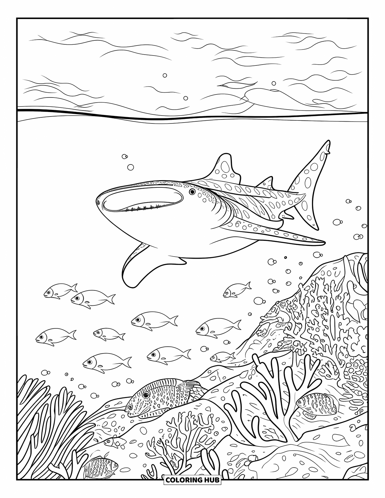 Whale Shark Coloring Page for Adults: Whale shark floats above coral reef and playful marine life