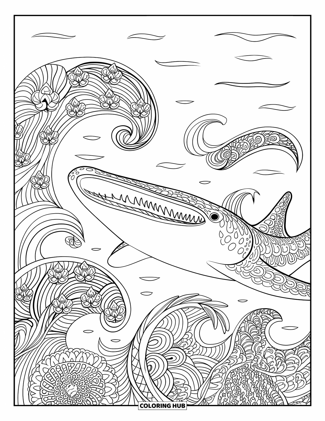 Whale Shark Coloring Page for Adults: Whale shark floats in swirling floral waves with patterned sea plants