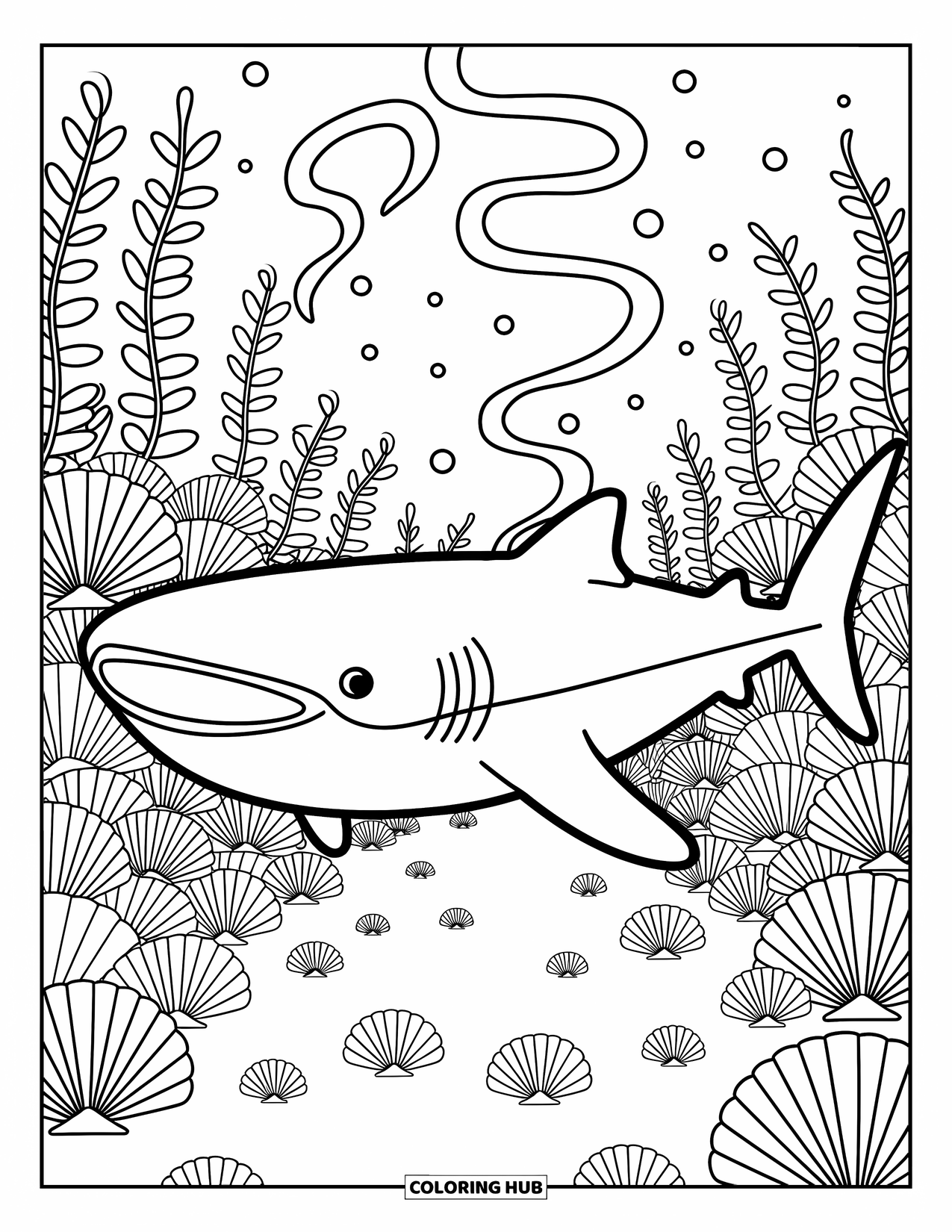Whale Shark Coloring Page for Adults: Whale shark glides through kelp with bubbles and cute ocean details