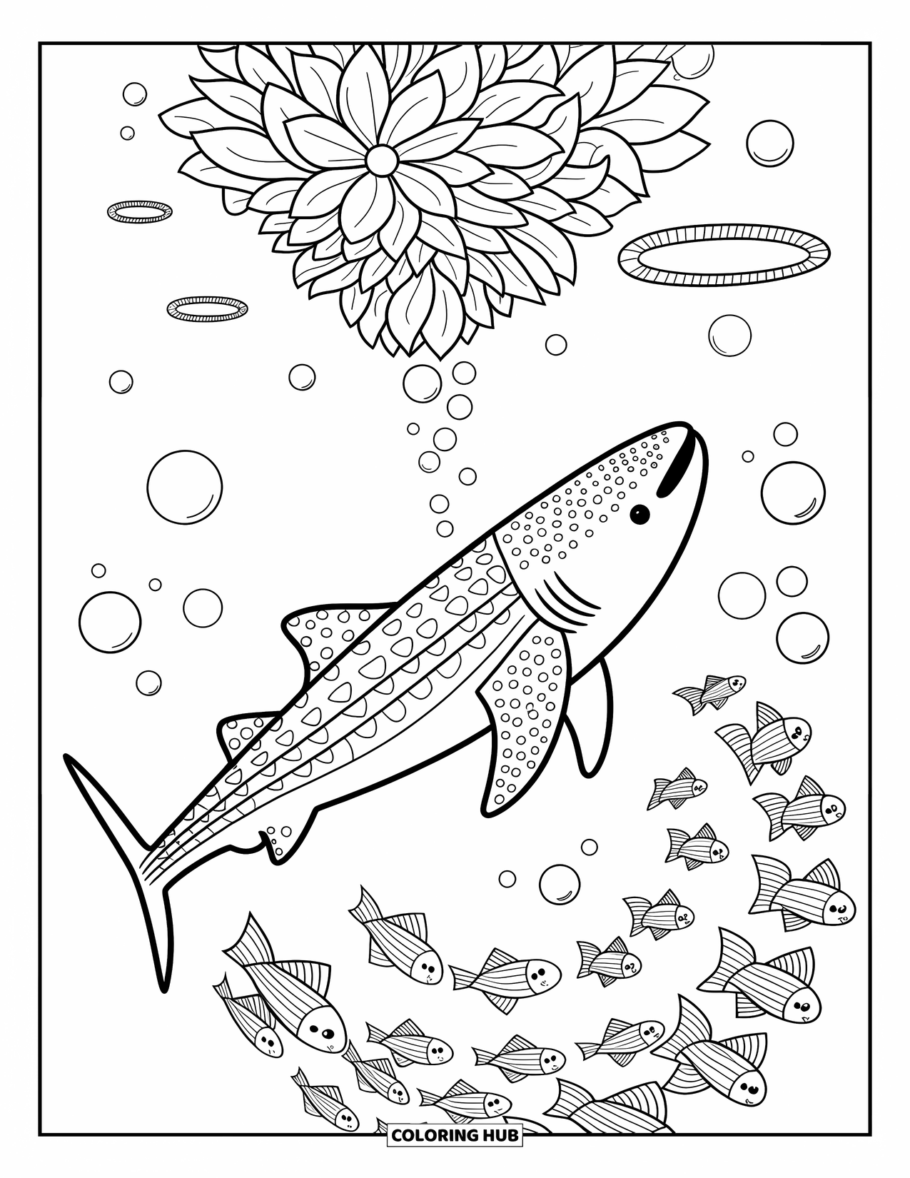 Whale Shark Coloring Page for Adults: Whale shark glides up to sea lilies and spiral fish patterns