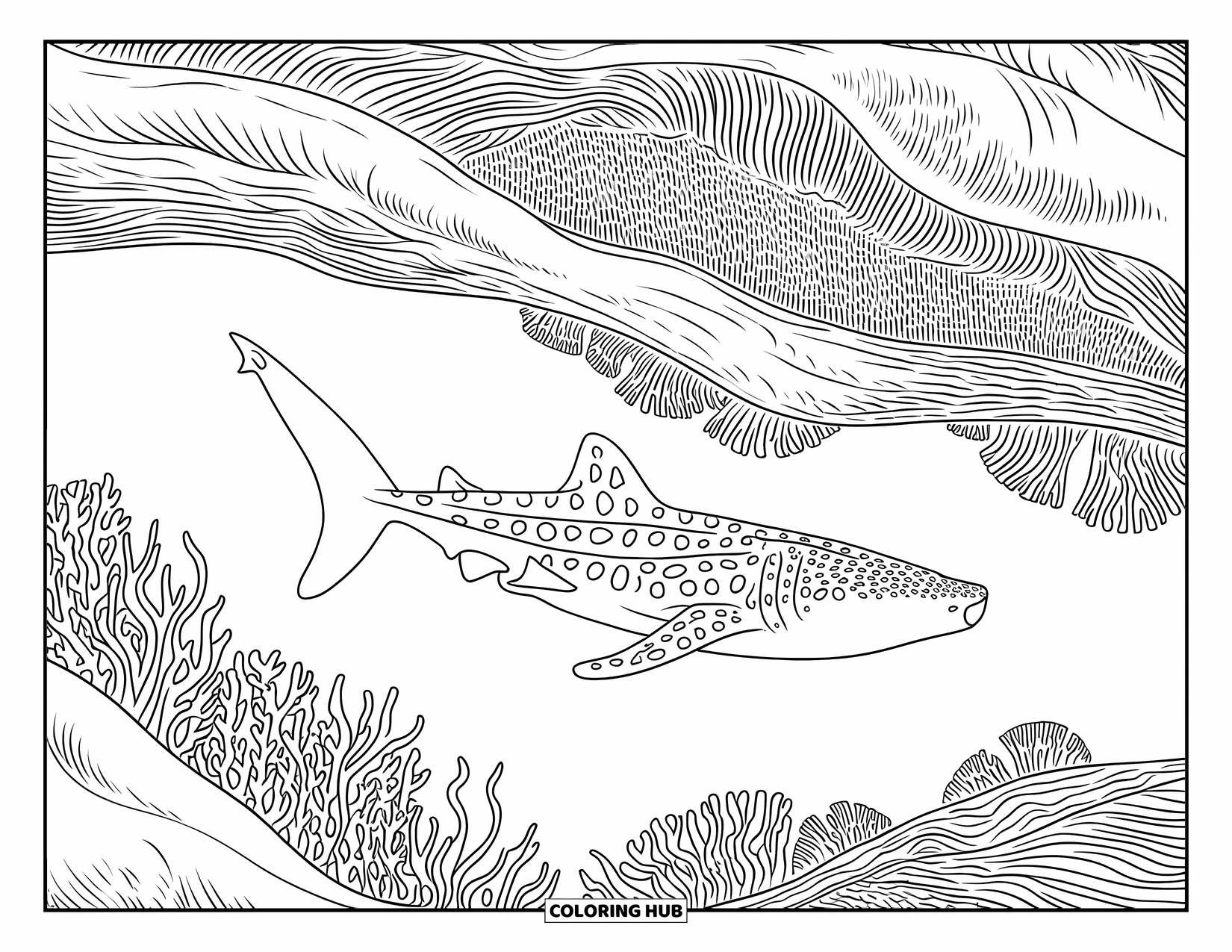 Whale Shark Coloring Page for Adults: Whale shark moves through layered seaweed and coral textures