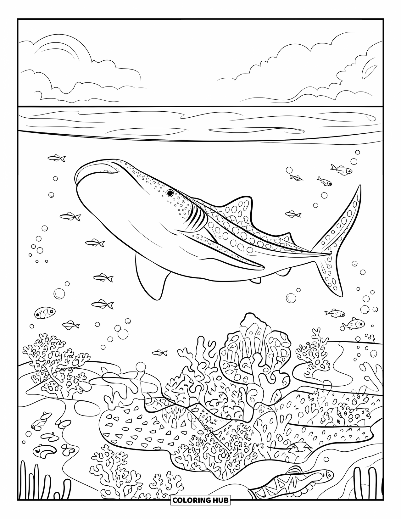 Whale Shark Coloring Page for Adults: Whale shark swims above a reef full of fish and coral
