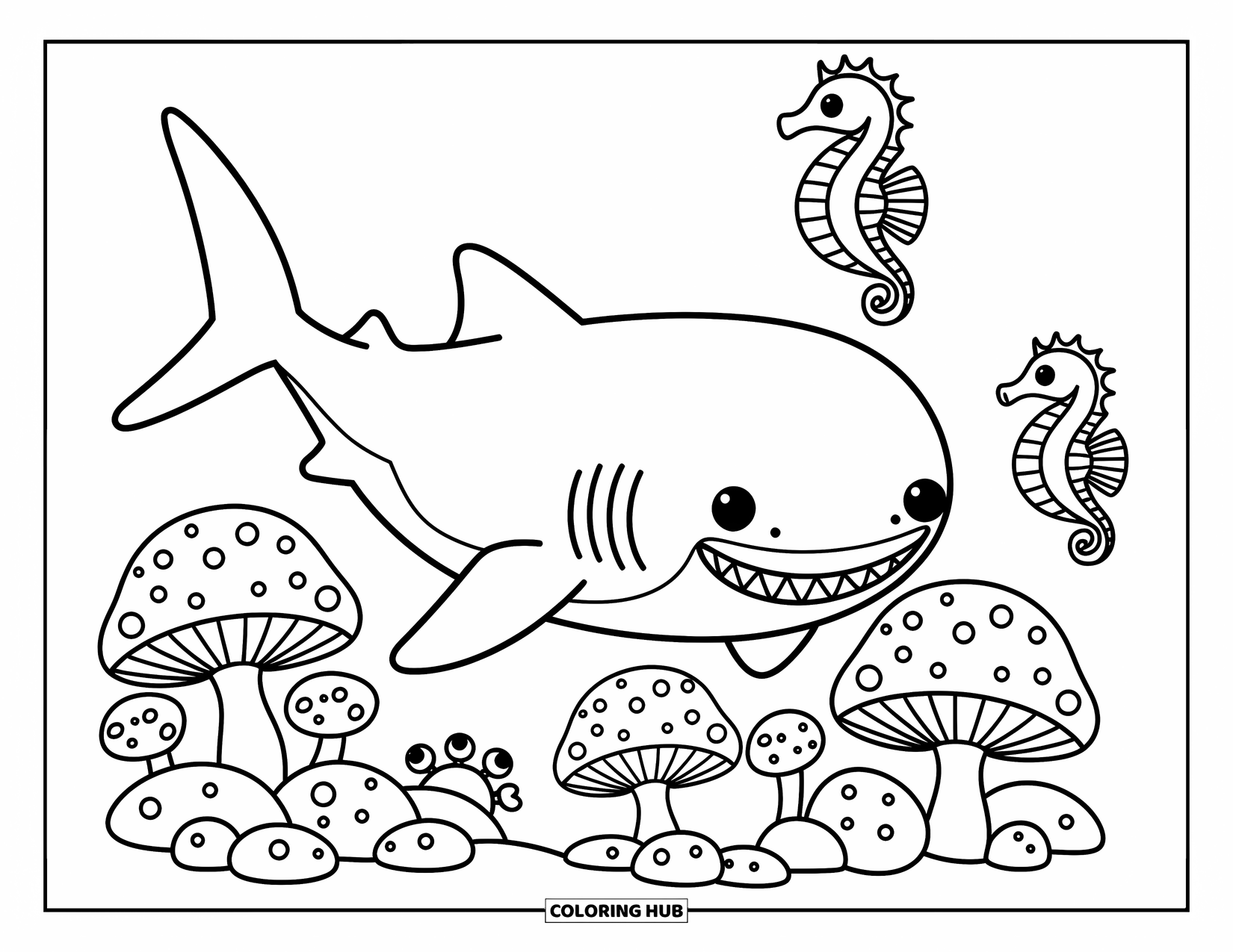 Whale Shark Coloring Page for Adults: Whale shark wraps around coral while seahorses and crabs play nearby