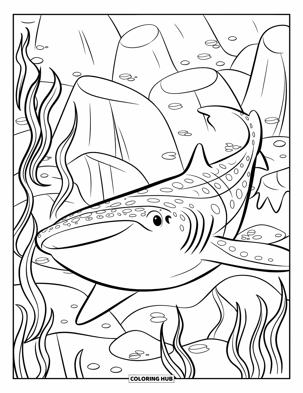 Whale Shark Coloring Page for Kids: Friendly whale shark passes rocks and graceful seaweed strands
