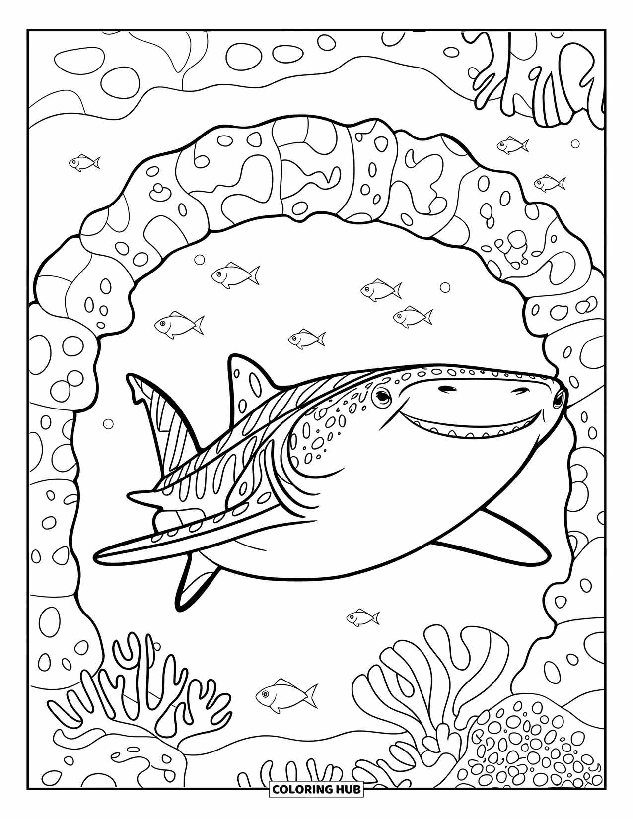 Whale Shark Coloring Page for Kids: Friendly whale shark passes through coral arch with tiny fish