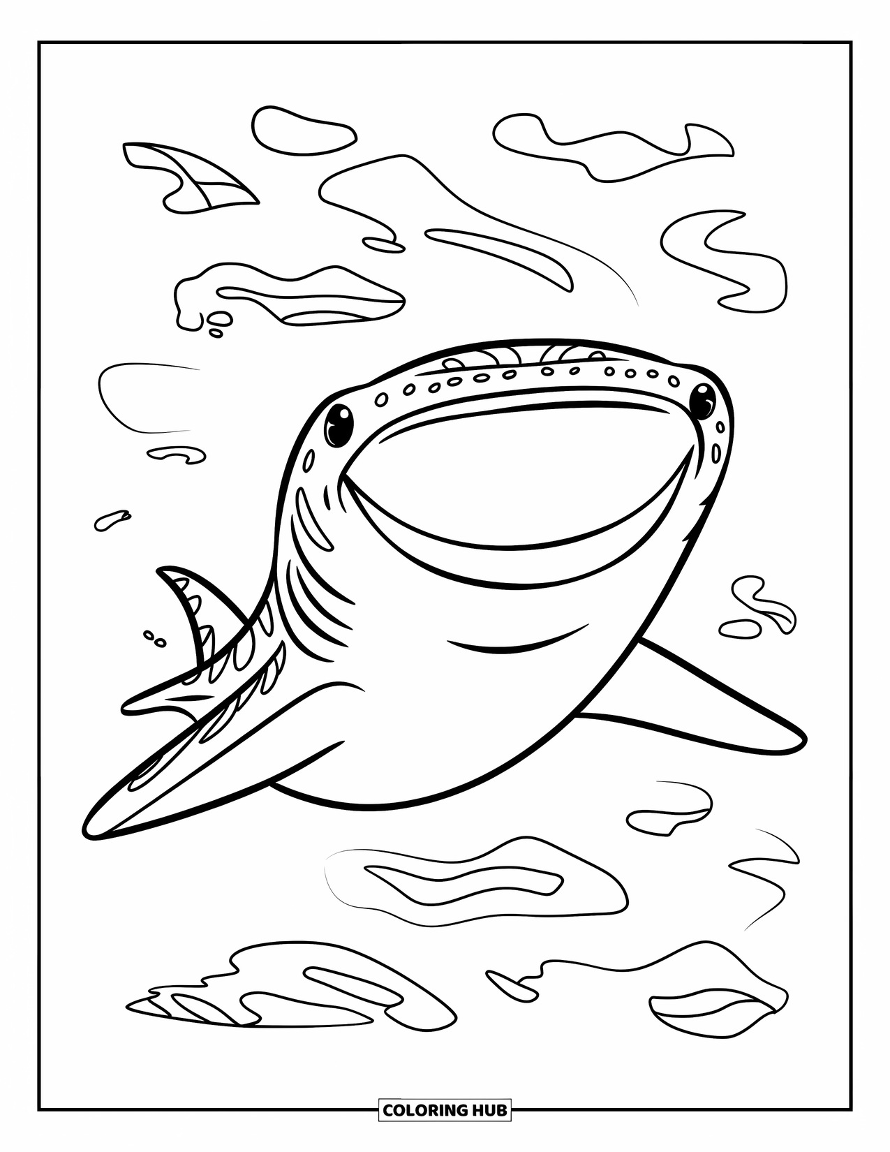 Whale Shark Coloring Page for Kids: Front-facing whale shark with wide mouth and cheerful vibe