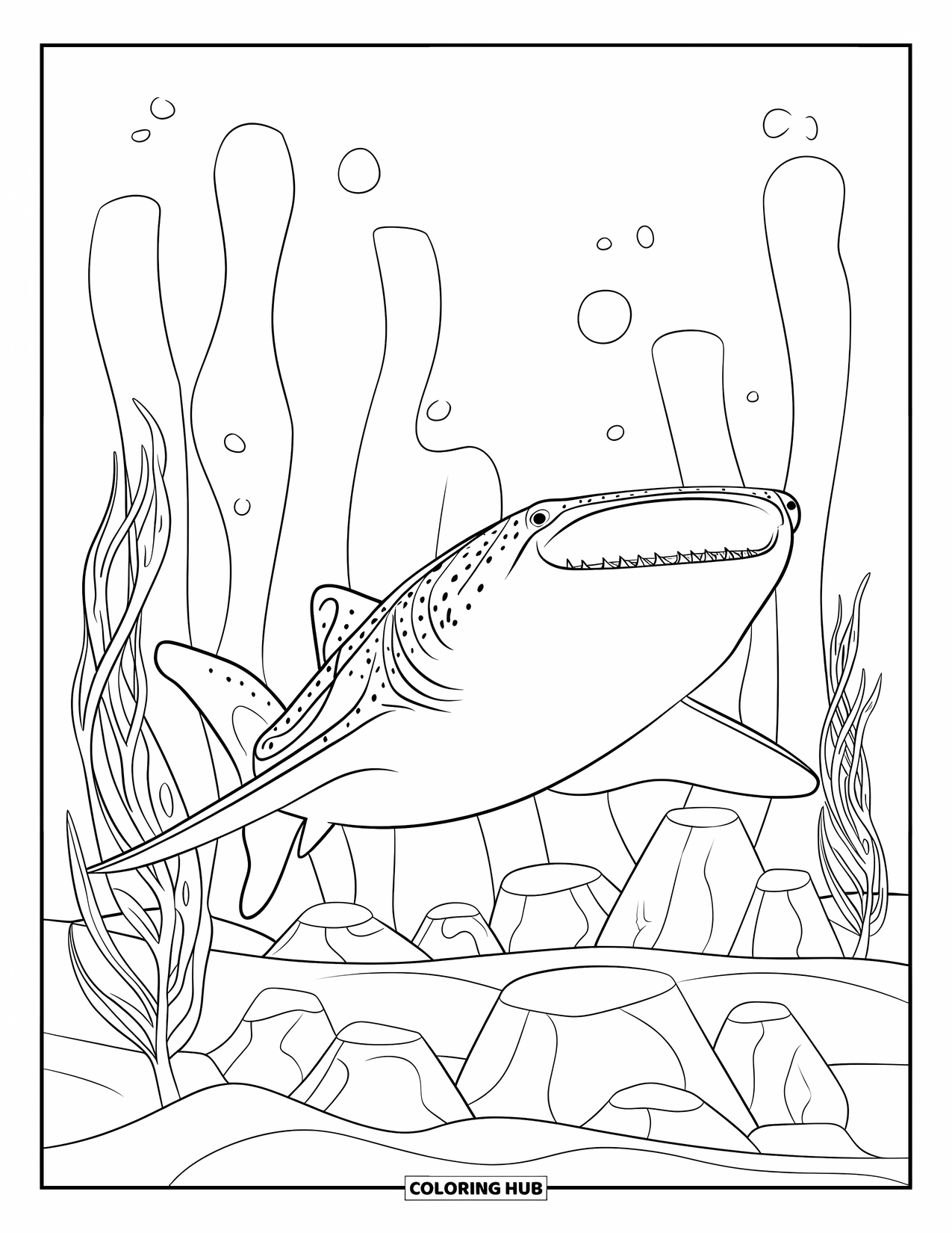 Whale Shark Coloring Page for Kids: Shark with wide mouth swims past seaweed and rocky seabed