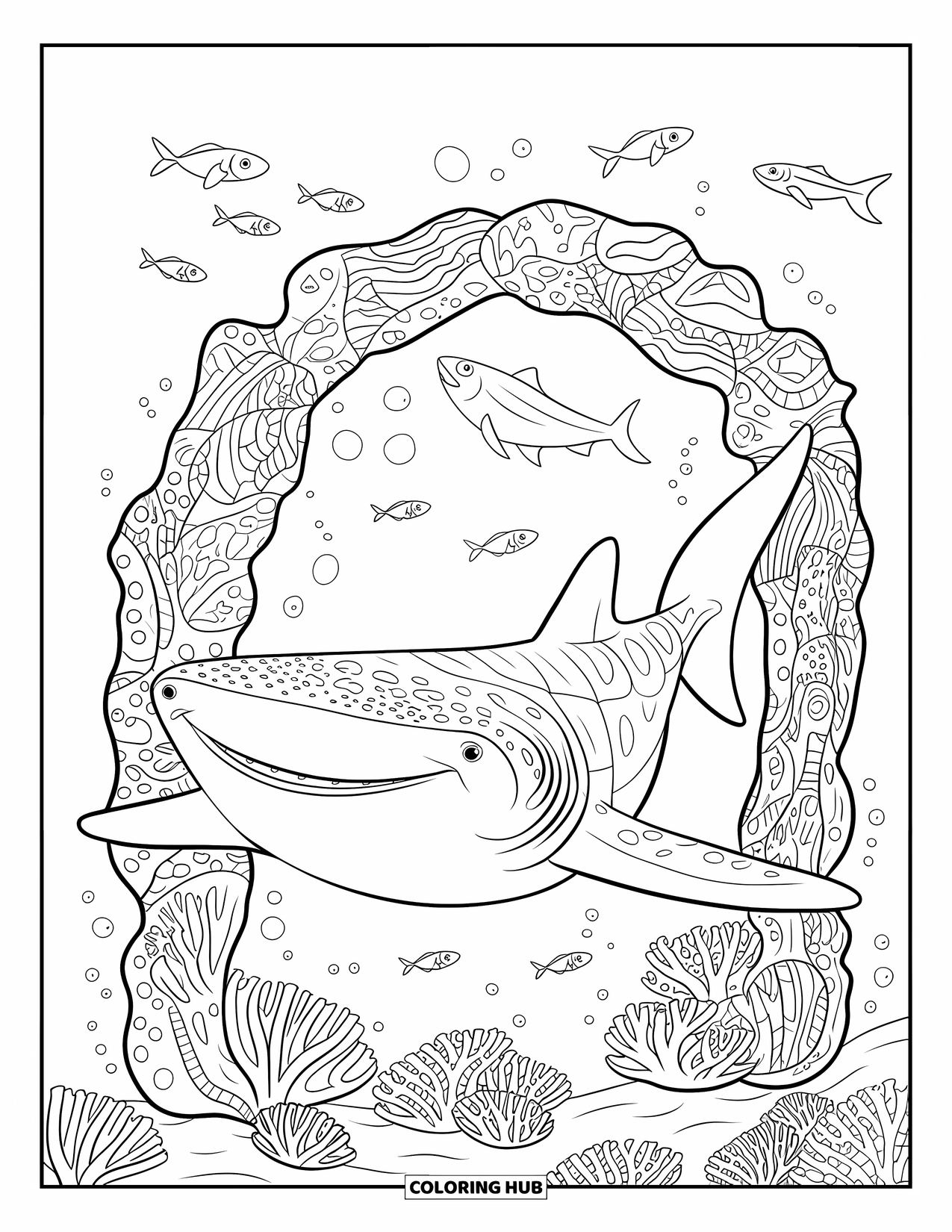 Whale Shark Coloring Page for Kids: Smiling whale shark explores coral arch surrounded by fish