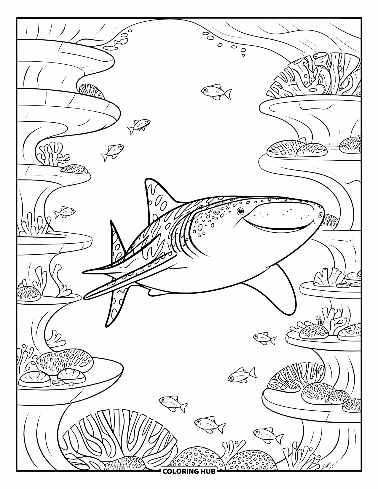 Whale Shark Coloring Page for Kids: Smiling whale shark explores coral reef full of colorful fish