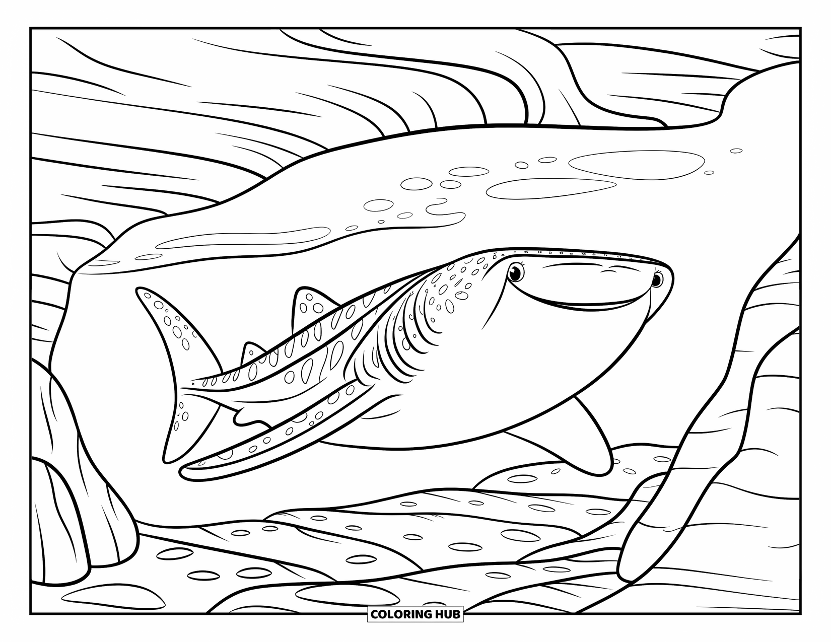 Whale Shark Coloring Page for Kids: Smiling whale shark glides over rocky sand and stones on the seafloor