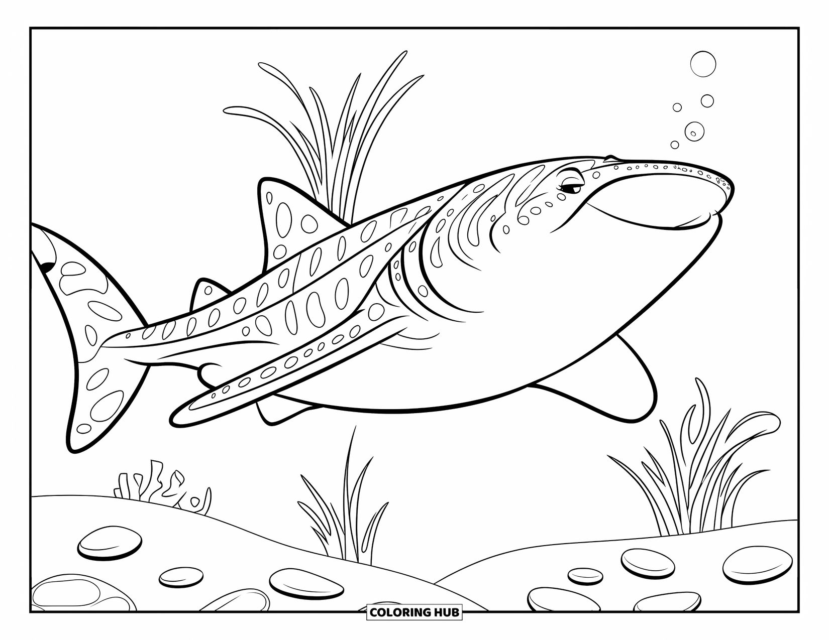 Whale Shark Coloring Page for Kids: Smiling whale shark passes seagrass patches and ocean pebbles