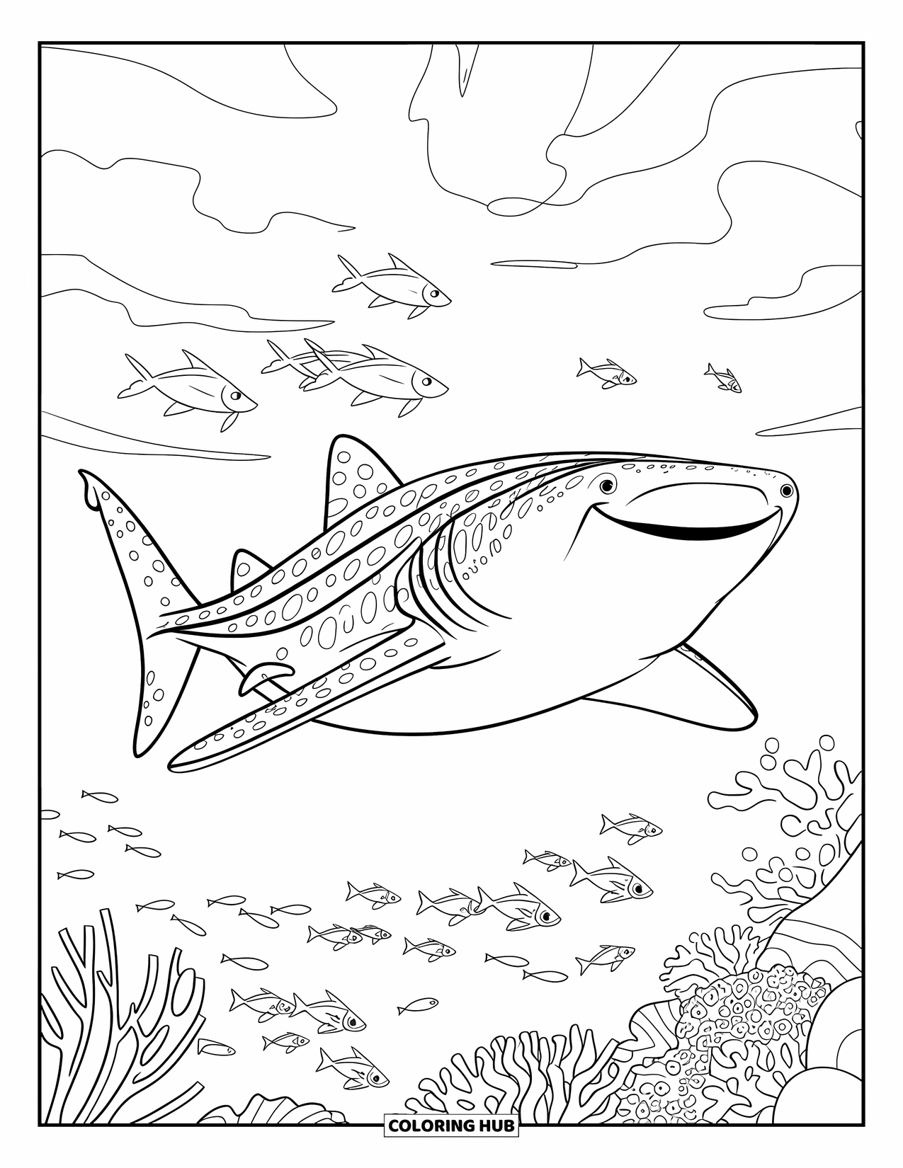 Whale Shark Coloring Page for Kids: Smiling whale shark swims above coral with fish and cloudy sky