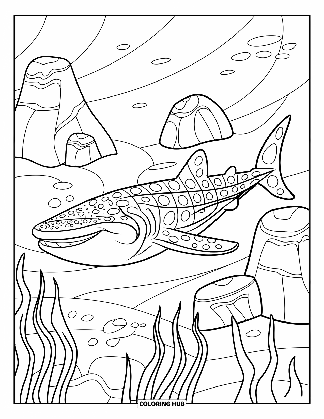 Whale Shark Coloring Page for Kids: Smiling whale shark swims by seaweed and rocks shaped like characters