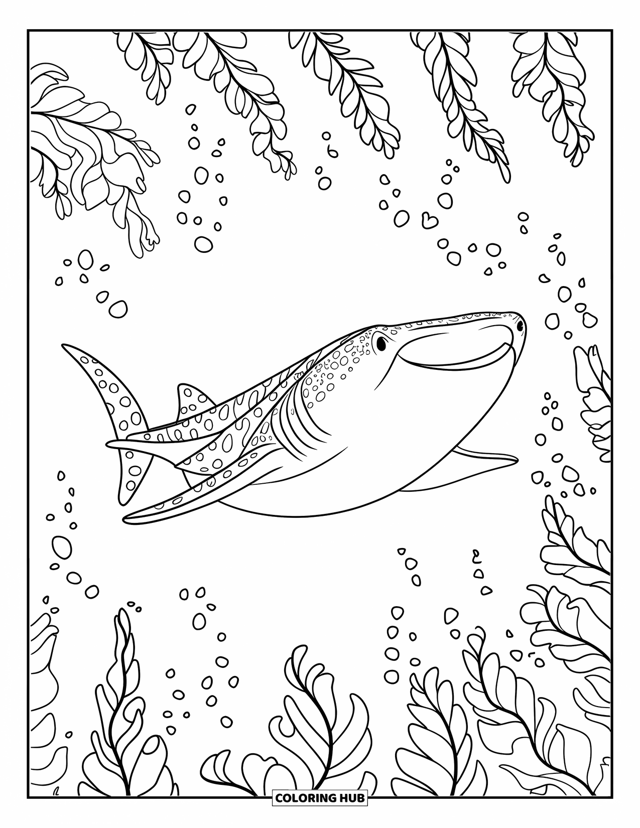 Whale Shark Coloring Page for Kids: Smiling whale shark swims through gentle kelp currents