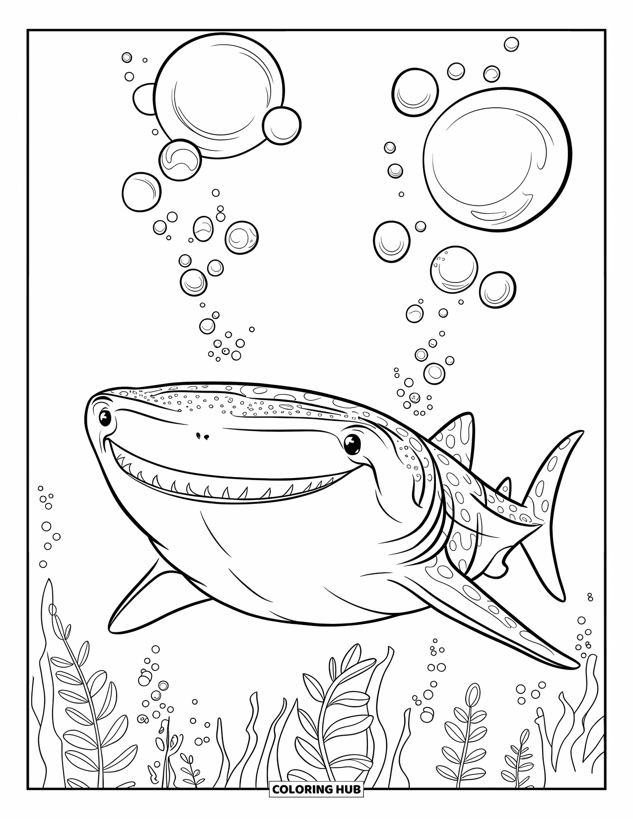 Whale Shark Coloring Page for Kids: Smiling whale shark with bubbles and seaweed swims alone in the ocean