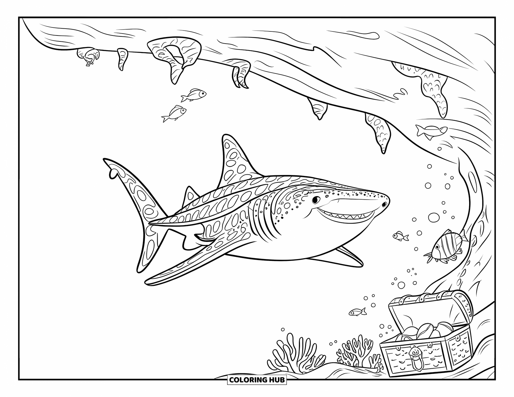 Whale Shark Coloring Page for Kids: Whale shark explores coral reef with sea life and a treasure chest
