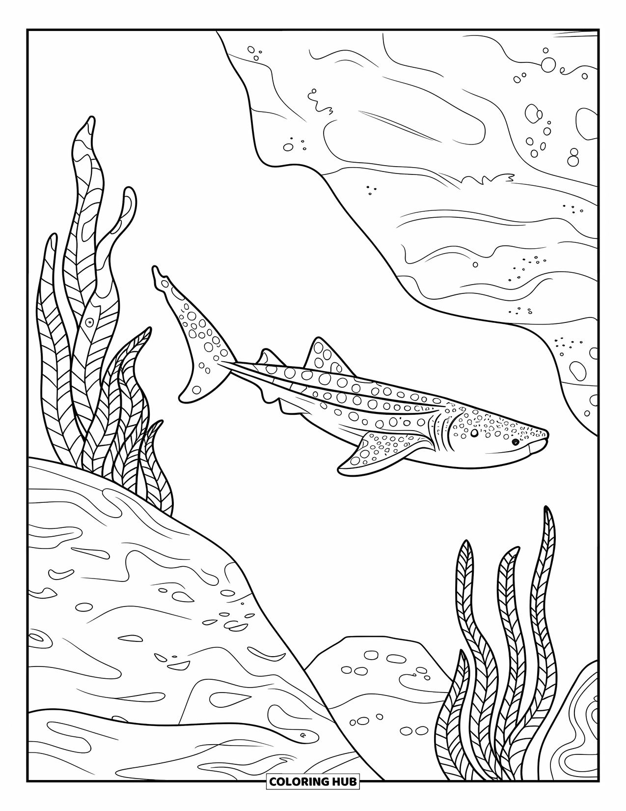 Whale Shark Coloring Page for Kids: Whale shark glides past rocks and gently swaying seaweed