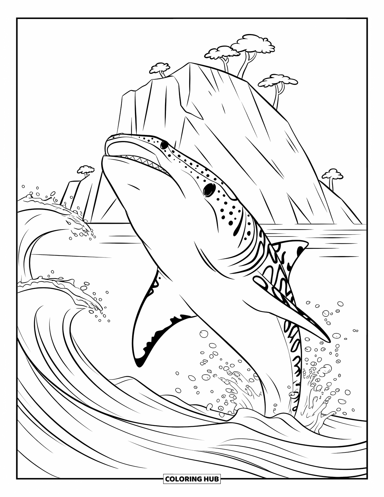 Whale Shark Coloring Page for Kids: Whale shark leaps near rocky island and foamy waves