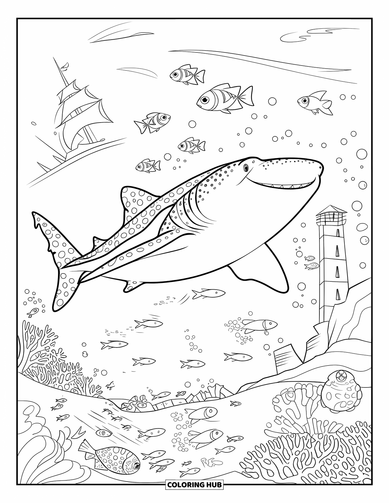Whale Shark Coloring Page for Kids: Whale shark smiles above coral reef with fish, a shipwreck, and lighthouse