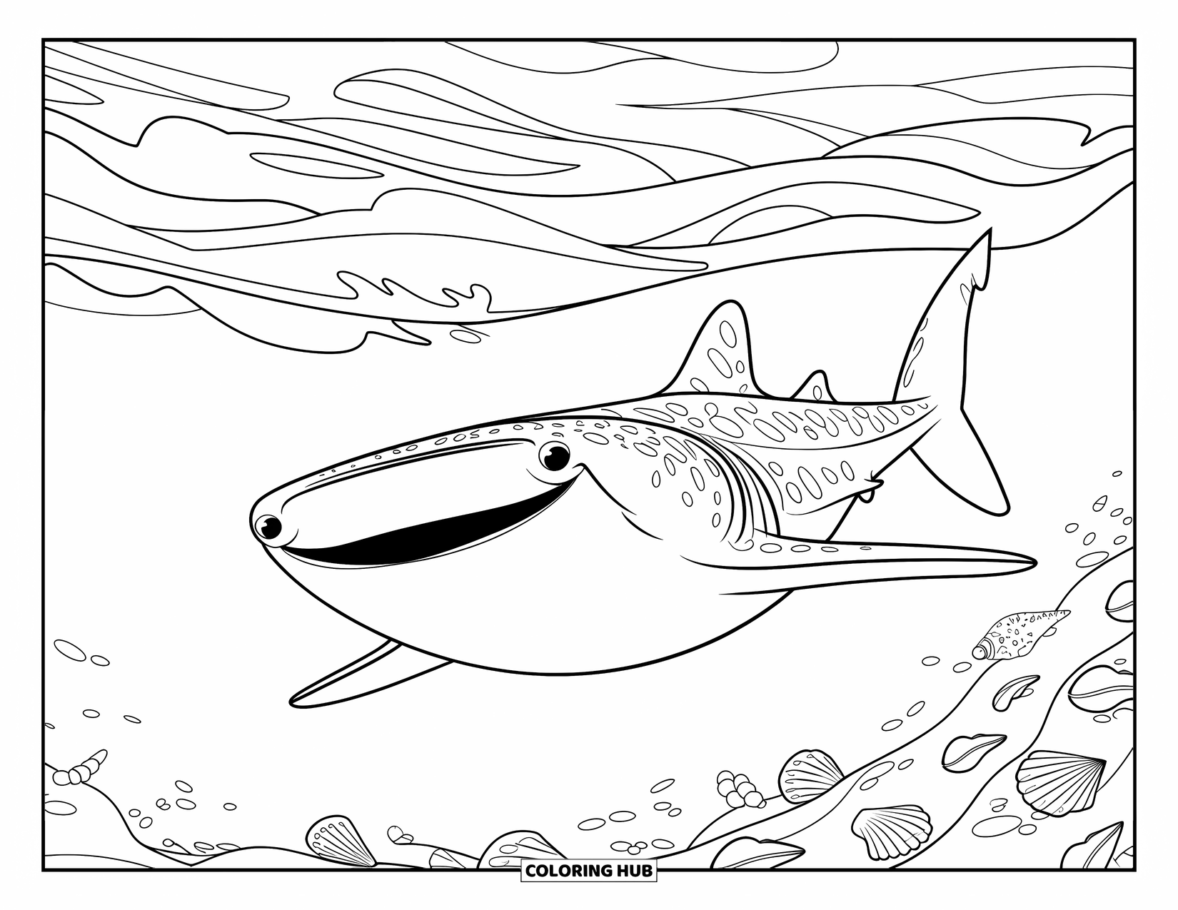 Whale Shark Coloring Page for Kids: Whale shark smiles while gliding above seashell-covered ocean floor