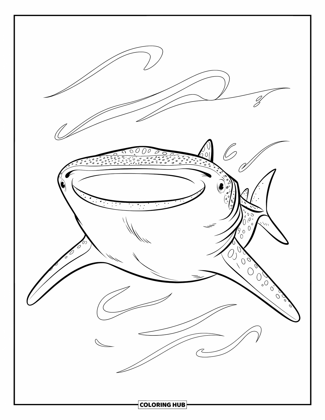 Whale Shark Coloring Page for Kids: Whale shark swims forward with curved wave lines in the ocean