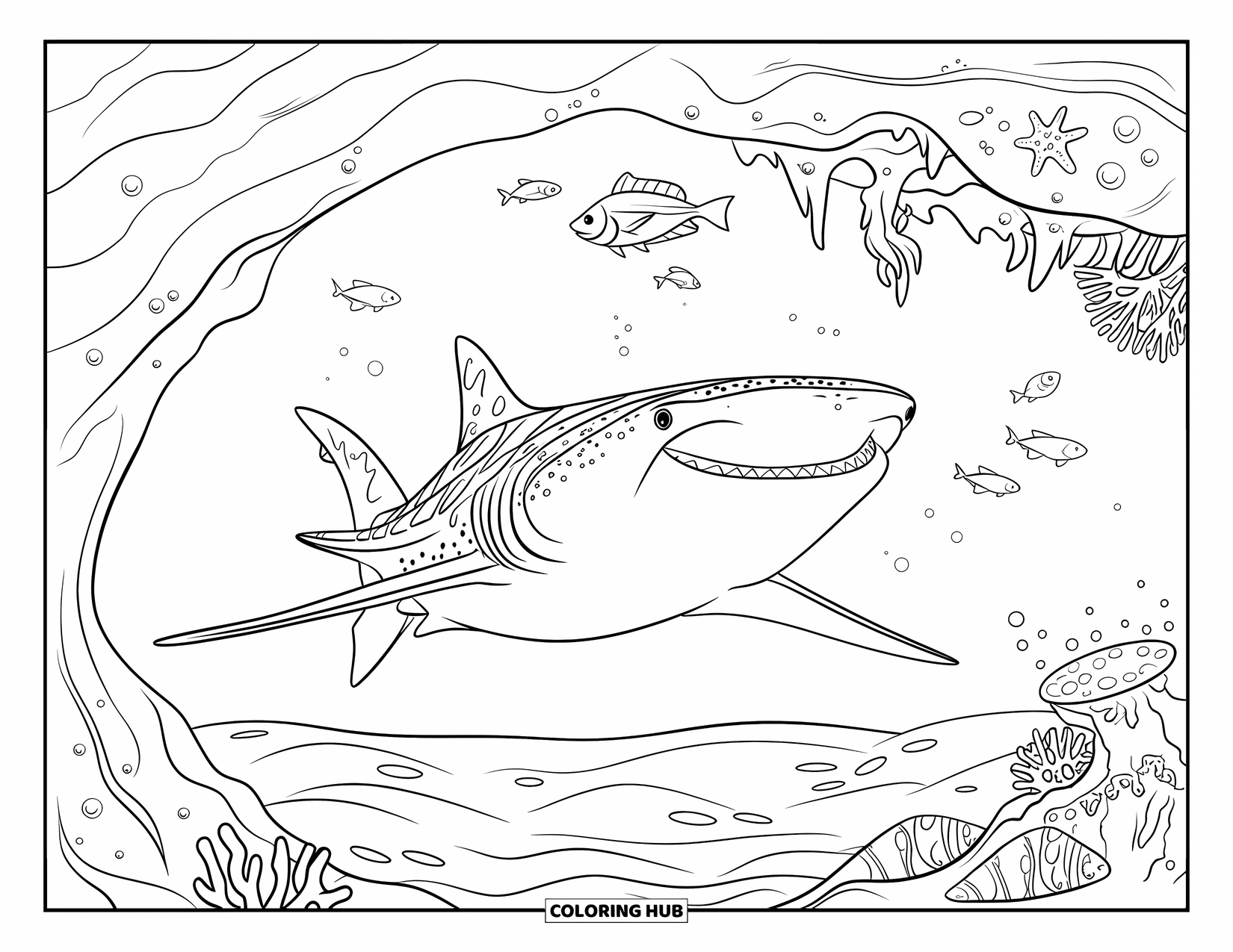 Whale Shark Coloring Page for Kids: Whale shark swims under a reef with coral, fish, and a starfish