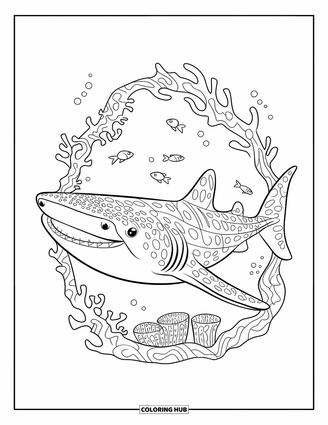 Whale Shark Coloring Page for Kids: Whale shark swims under coral arch with detailed sea life